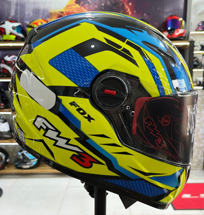 Capacete FW3 GTX FOX Amarelo com azul, com óculos interno