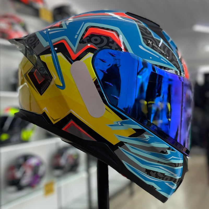 Capacete TEXX RAPTOR ARCADE AZUL VERDE ROSA BRILHO
