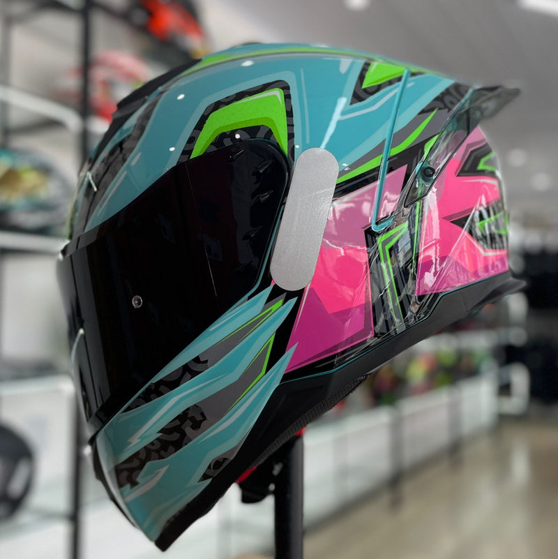 Capacete TEXX RAPTOR ARCADE AZUL VERDE ROSA