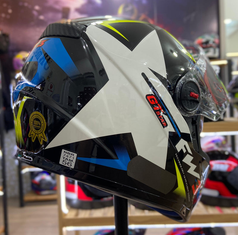 Capacete FW3 GTX STAR PRETO E AZUL COM AMARELO