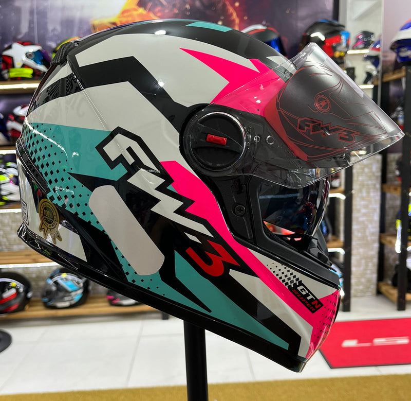 Capacete FW3 GTX Super Azul tifany, rosa e branco, com óculos interno