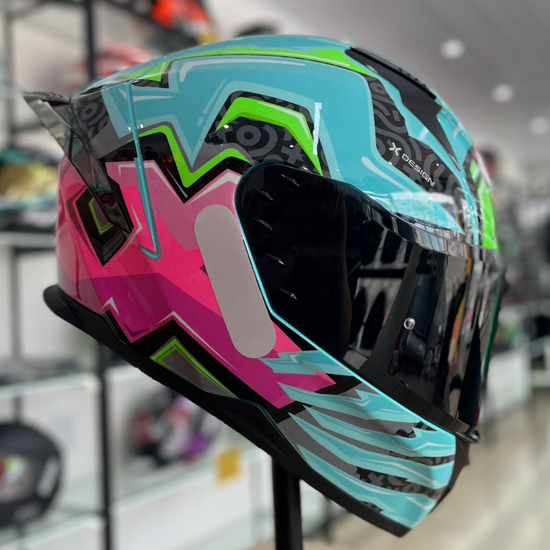 Capacete TEXX RAPTOR ARCADE AZUL VERDE ROSA