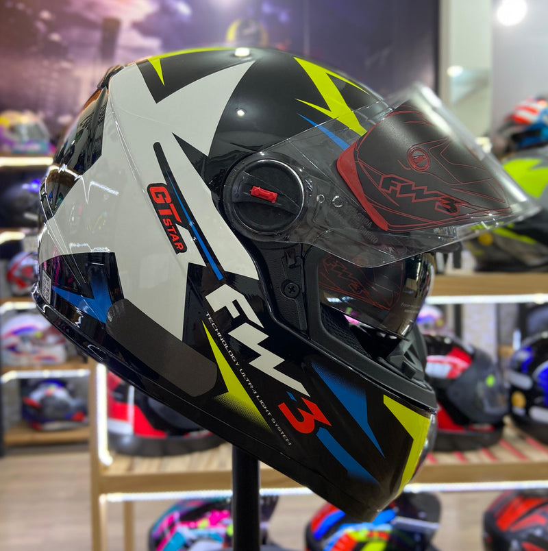 Capacete FW3 GTX STAR PRETO E AZUL COM AMARELO