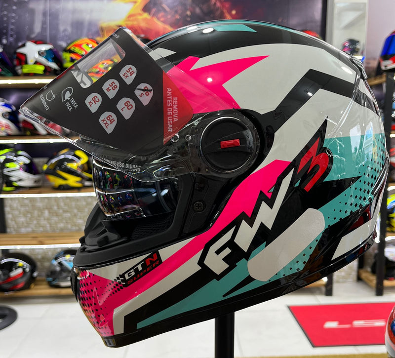 Capacete FW3 GTX Super Azul tifany, rosa e branco, com óculos interno