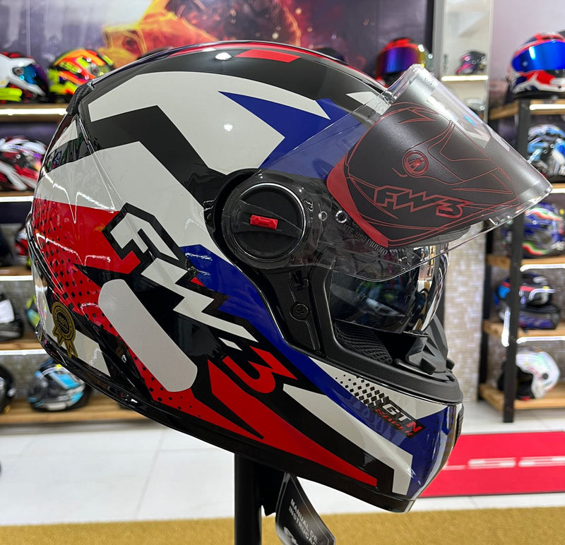 Capacete FW3 GTX Super vermelho, azul e branco, com óculos interno