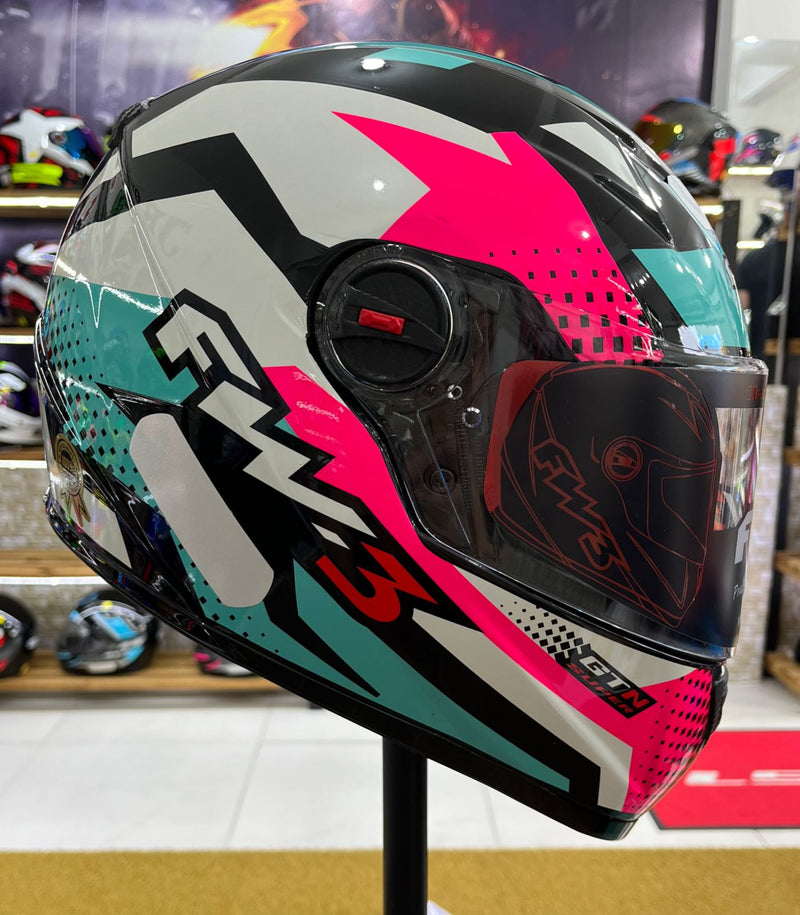 Capacete FW3 GTX Super Azul tifany, rosa e branco, com óculos interno