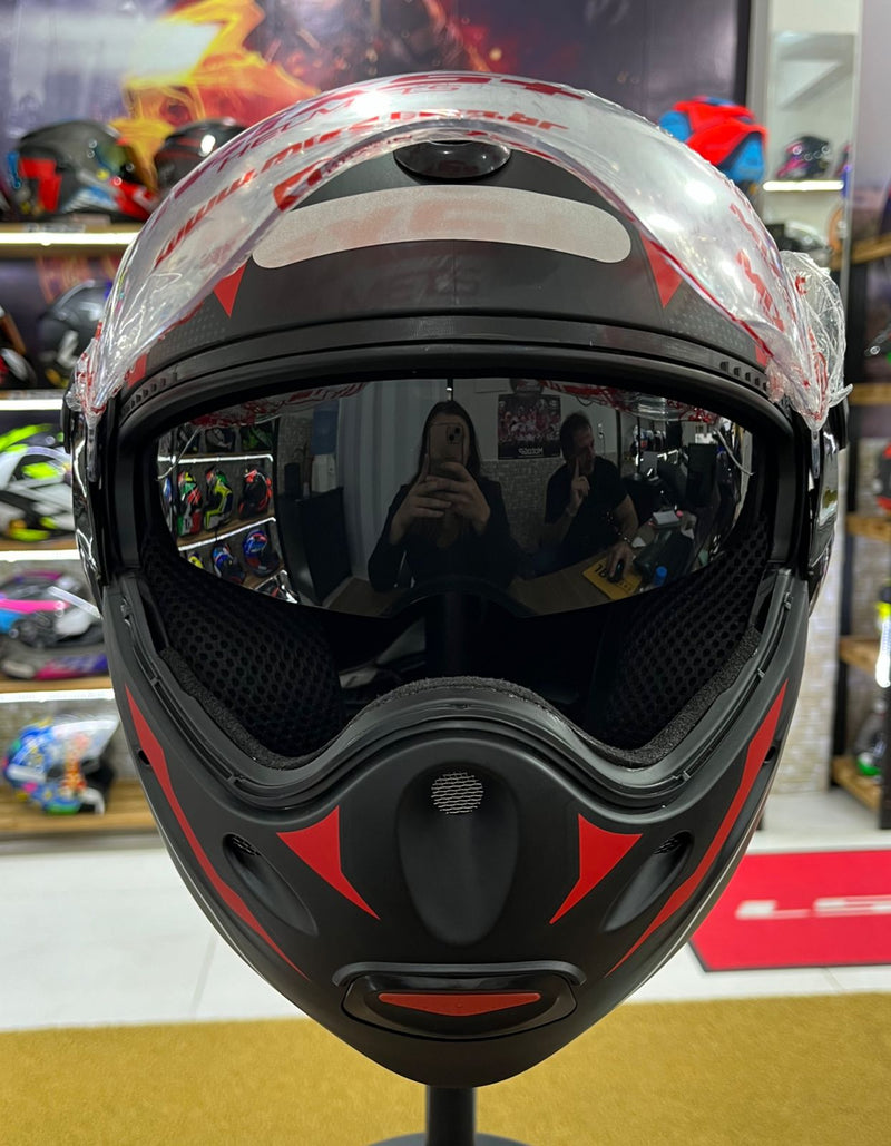 Capacete Escamoteável Etceter Vermelho com óculos interno