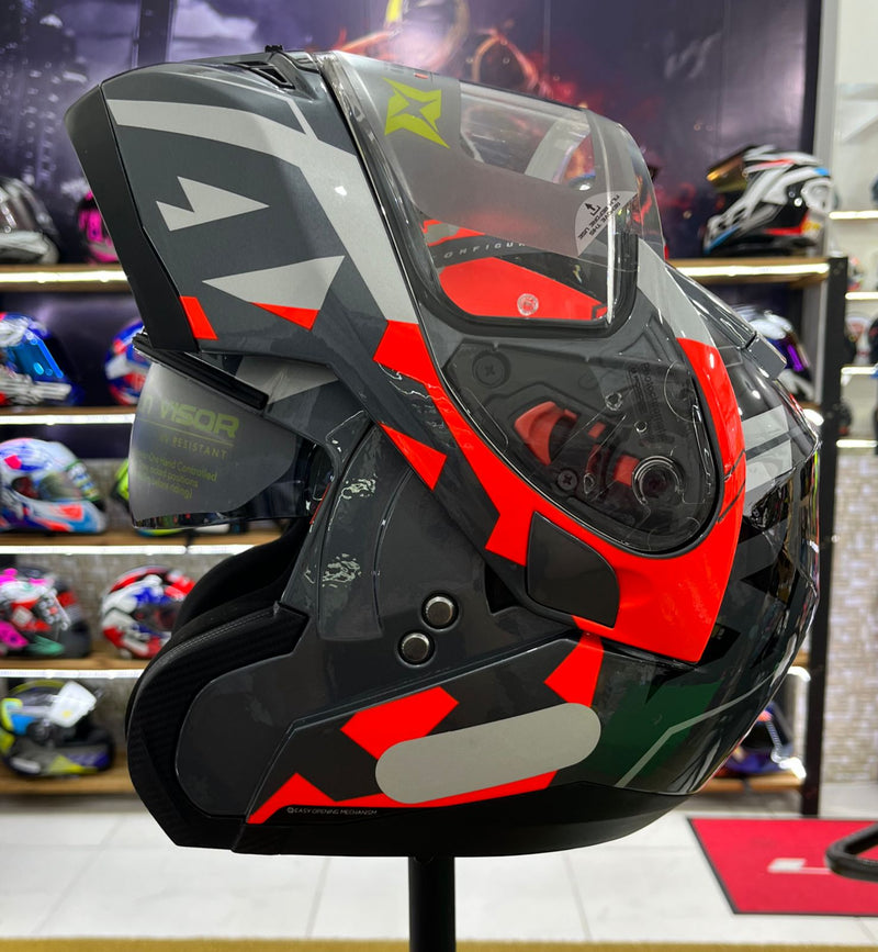 Capacete Axxis Escamoteável Roc SV c/ óculos interno, Cinza e vermelho