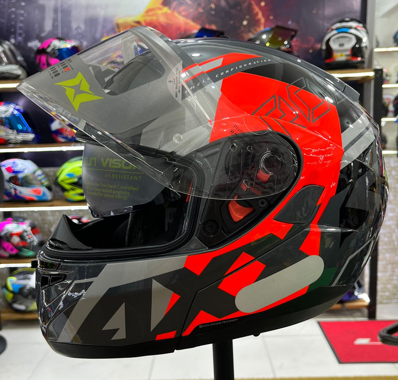 Capacete Axxis Escamoteável Roc SV c/ óculos interno, Cinza e vermelho