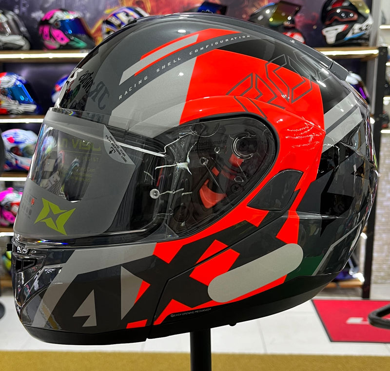 Capacete Axxis Escamoteável Roc SV c/ óculos interno, Cinza e vermelho