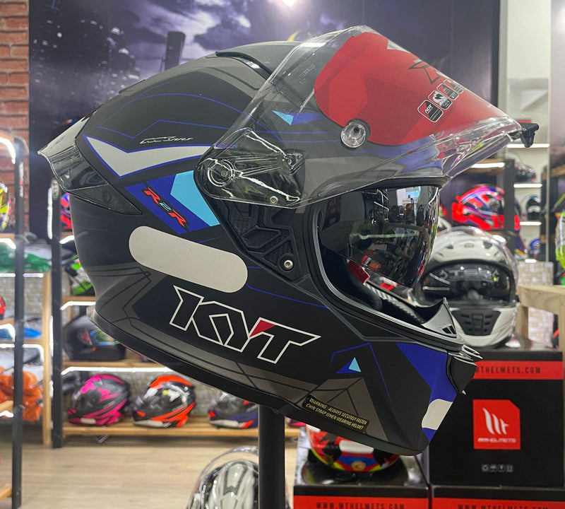 Capacete KYT R2R Led Matt Black Blue com óculos interno