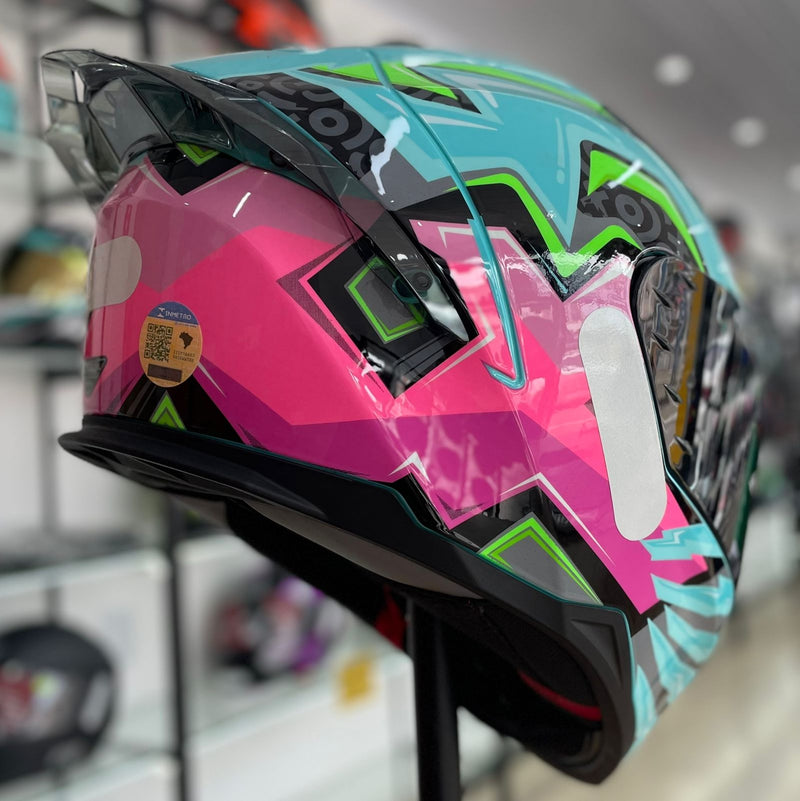 Capacete TEXX RAPTOR ARCADE AZUL VERDE ROSA