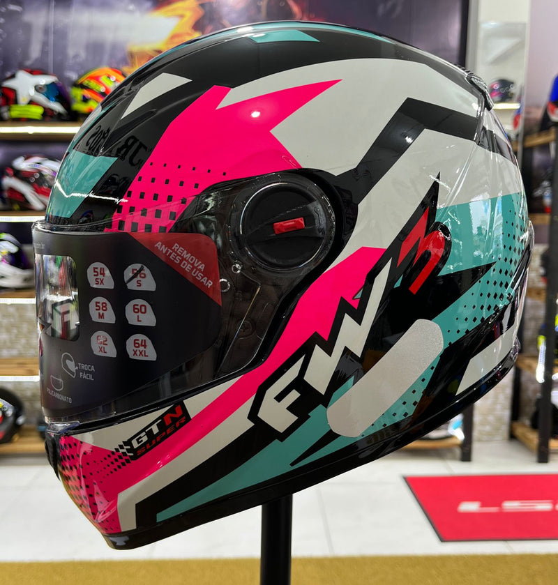 Capacete FW3 GTX Super Azul tifany, rosa e branco, com óculos interno