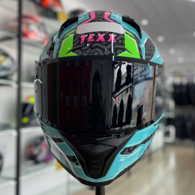 Capacete TEXX RAPTOR ARCADE AZUL VERDE ROSA