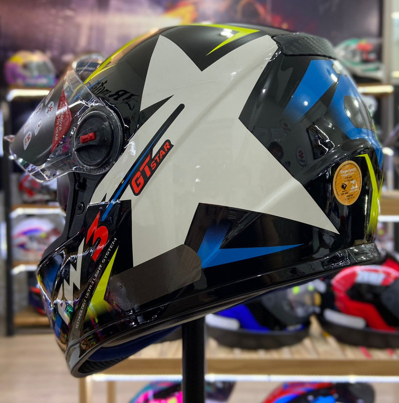Capacete FW3 GTX STAR PRETO E AZUL COM AMARELO