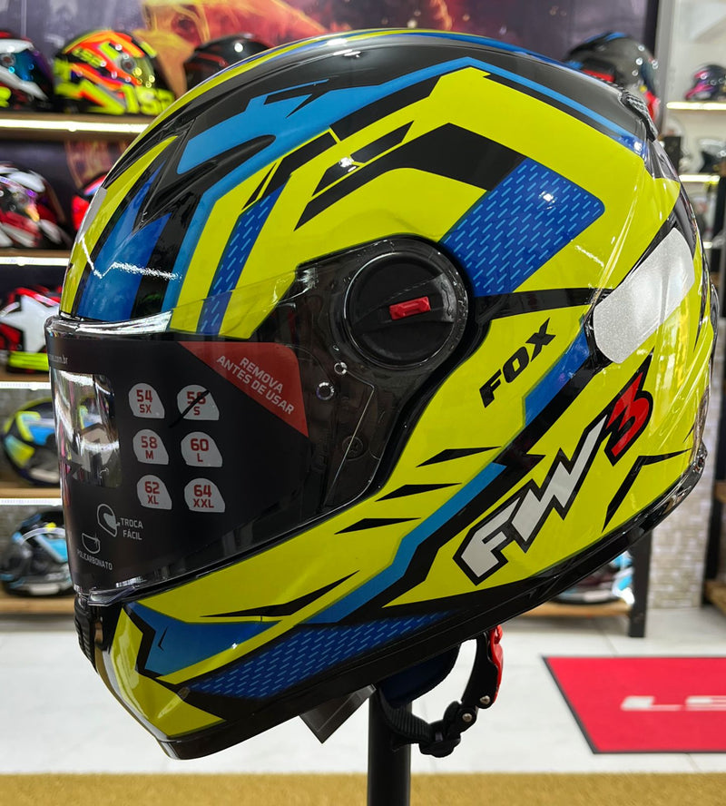 Capacete FW3 GTX FOX Amarelo com azul, com óculos interno