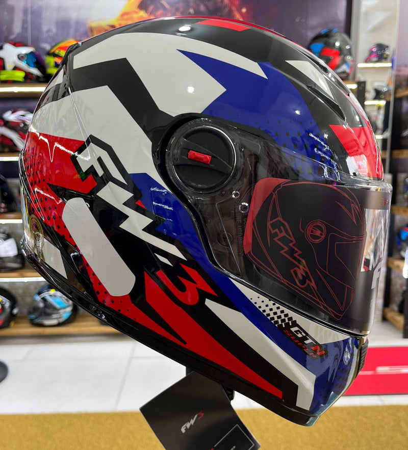 Capacete FW3 GTX Super vermelho, azul e branco, com óculos interno