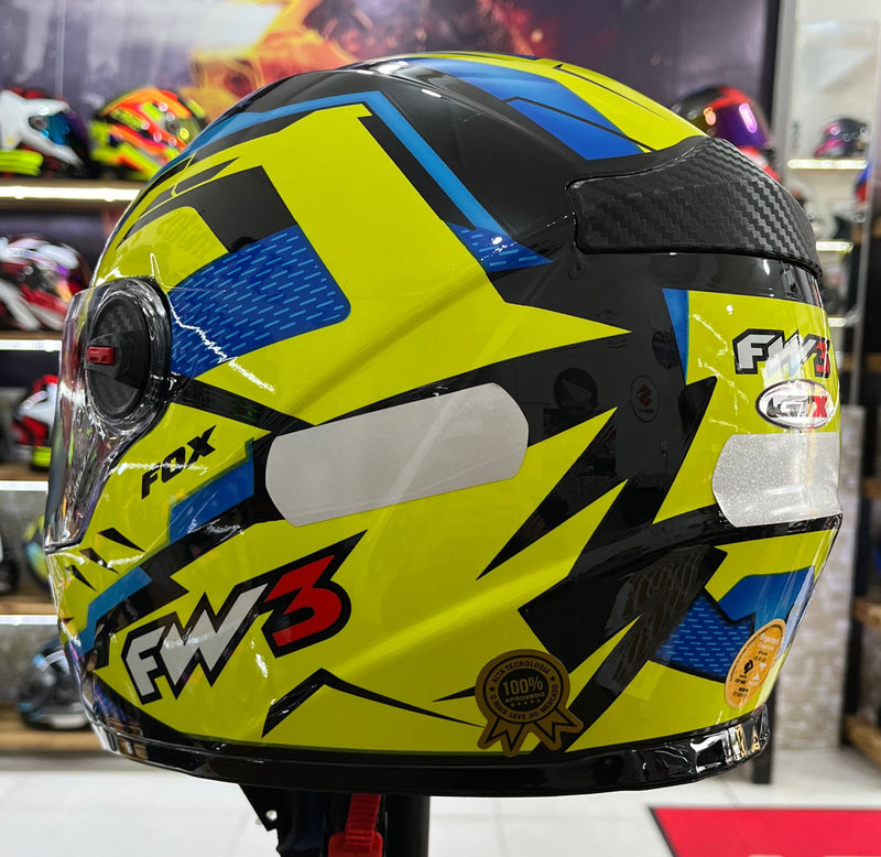 Capacete FW3 GTX FOX Amarelo com azul, com óculos interno